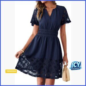 Polyester Boho Summer Dress V Neck Short Sleeve Empire Waist Tiered Mini